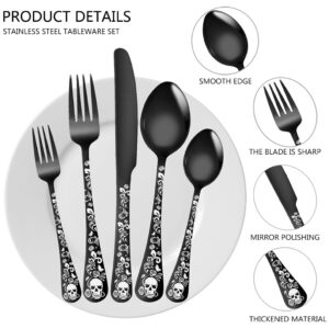 XIAOYU 20-Piece Bizarre Flatware Set, Gothic Skull Silverware Set for 4, Skeleton Flower Unique Pattern Design, Knives/Forks/Spoons Cutlery Set Halloween Event Tableware Utensils, Black