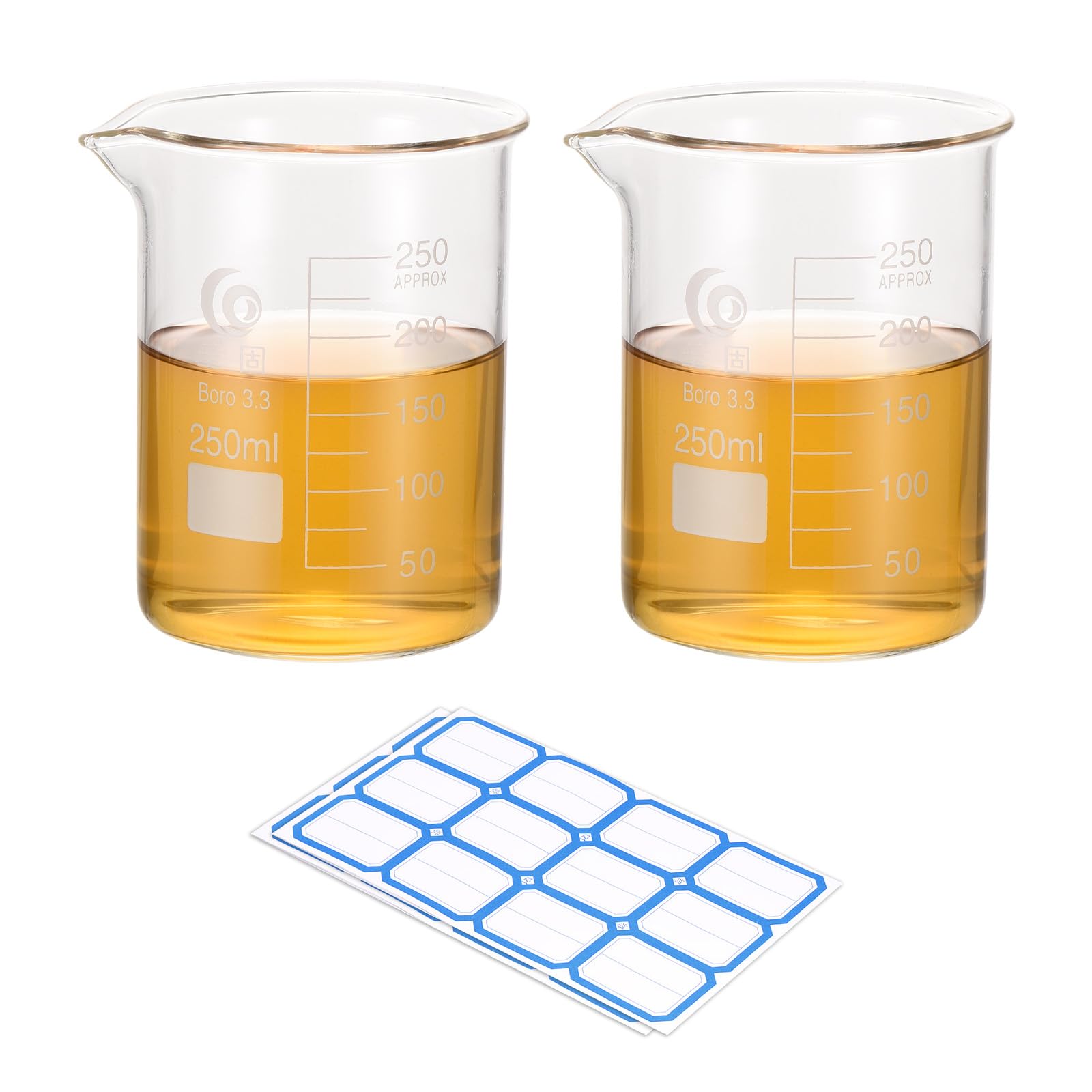 PATIKIL 250ml Low Form Glass Beaker, 2Pcs 3.3 Borosilicate Glass Beakers Graduated Measuring Cup with Stick Labels for Lab Experiment, Cooking, and Baking, Clear