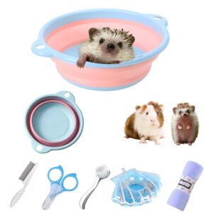 6 pcs hedgehog bath supplies kit, foldable bathtub and cleaning brush with pet hair comb, pet nail clipper, swimming ring, towel for small animal hamster, bunny, guinea pig, lizards, turtle