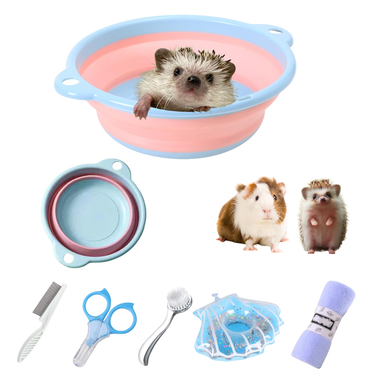 6 Pcs Hedgehog Bath Supplies Kit, Foldable Bathtub and Cleaning Brush with Pet Hair Comb, Pet Nail Clipper, Swimming Ring, Towel for Small Animal Hamster, Bunny, Guinea Pig, Lizards, Turtle