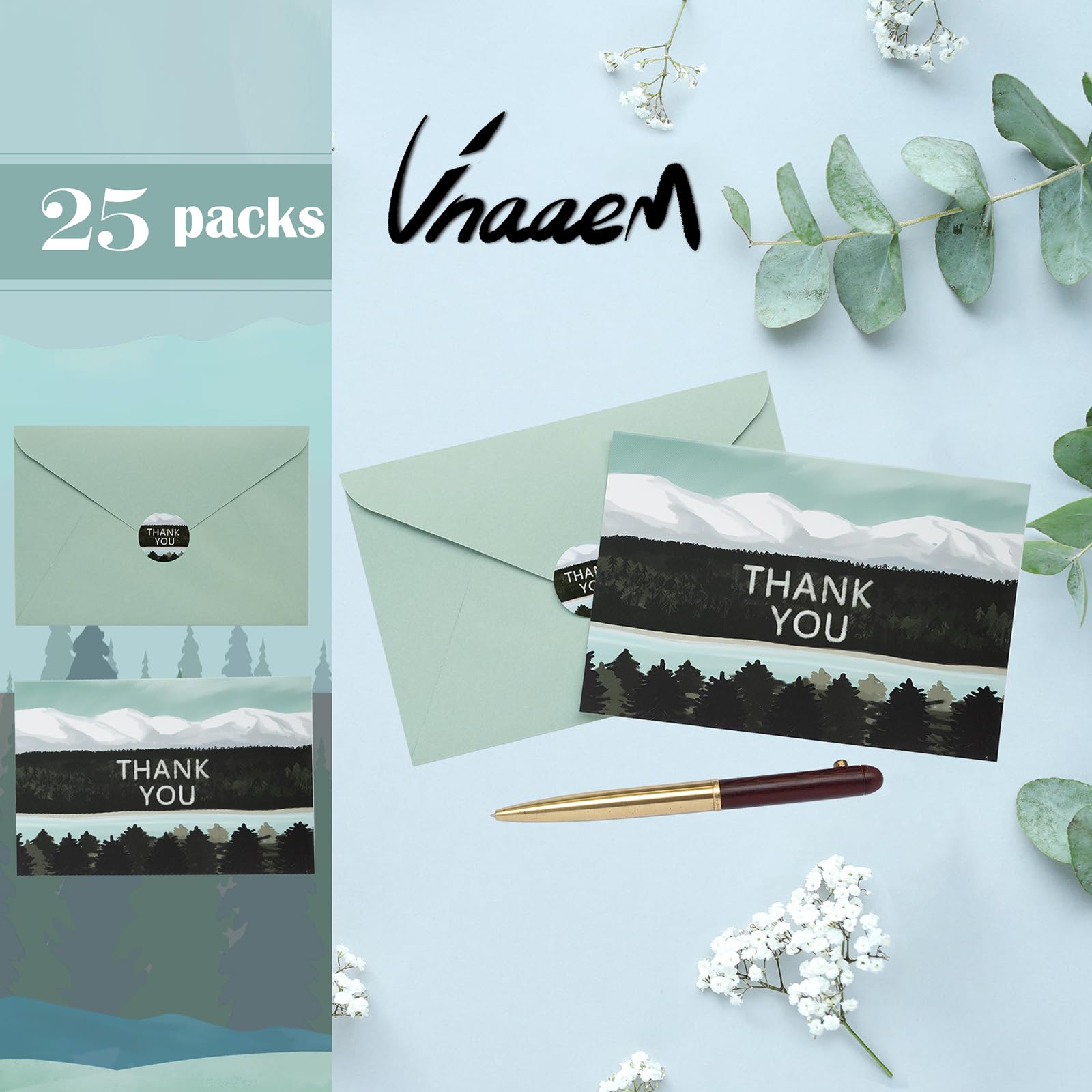 Vnaaem 25 Pack Watercolor Forest Thank You Cards with Envelope Stickers - Mountains Landscape Greeting Cards - Thank You Notes for Wedding, Anniversary, Business, Bridal, Baby Shower, Graduation(4x6)