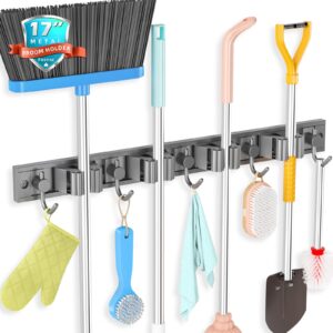 foensc broom holder wall mount, improved adjustable broom holder, super anti-slip mop and broom holder wall mount, heavy duty tool organizer for laundry room garage storage, 4 racks 5 hooks