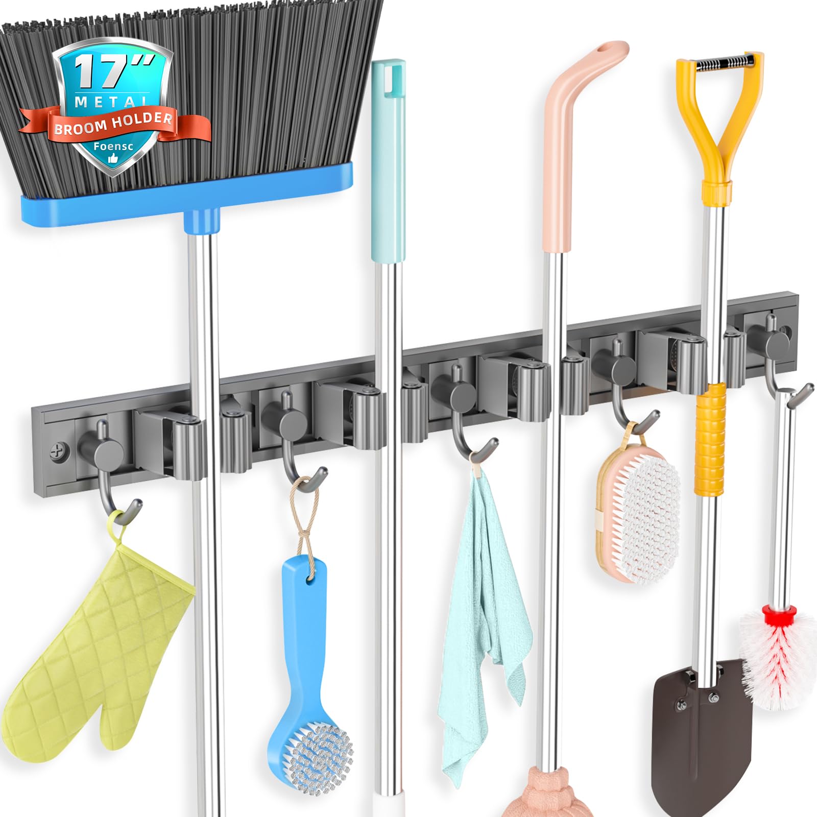 Foensc Broom Holder Wall Mount, Improved Adjustable Broom Holder, Super Anti-Slip Mop and Broom Holder Wall Mount, Heavy Duty Tool Organizer for Laundry Room Garage Storage, 4 Racks 5 Hooks