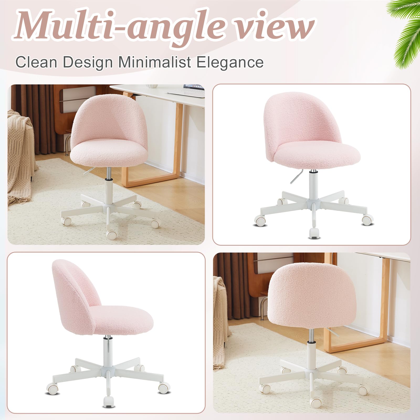 VINGLI Candy Chair Armless Cute Desk Chair,Comfy Small Office Chair with Wheels,Vanity Chair with Lumbar Support,Teddy Adjustable Rolling Swivel Computer Task Chair for Home Office,Bedroom,Gentle Pink