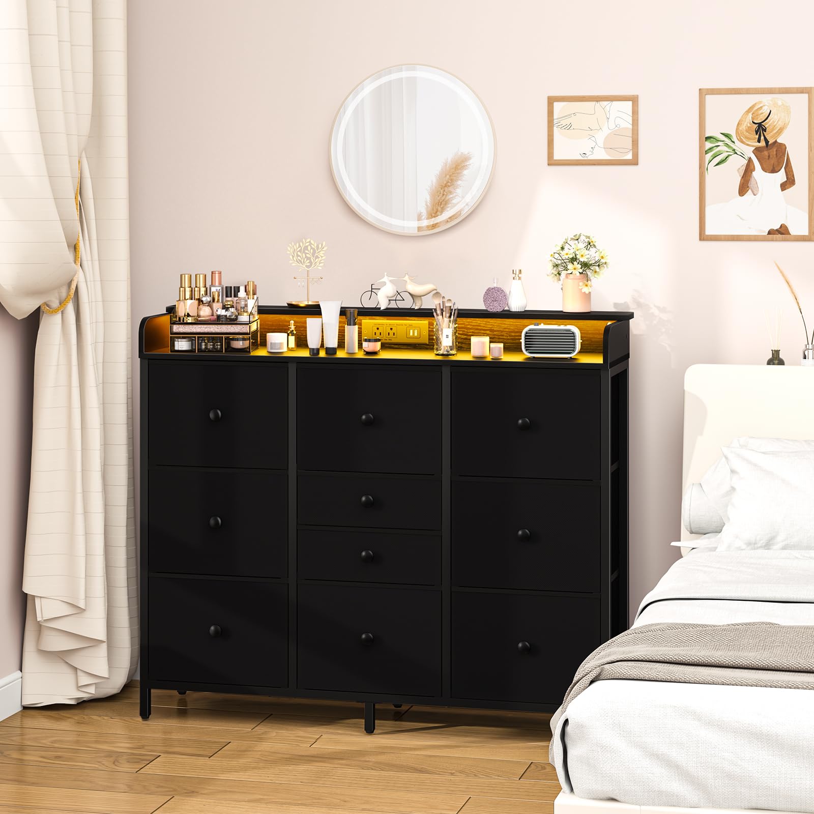 Yoobure Dresser for Bedroom with Charging Station and LED Lights, Tall Dresser TV Stand with 10 Storage Drawers,Fabric Black Dressers & Chests of Drawers,Wood Dresser for Bedroom Closet Organizer