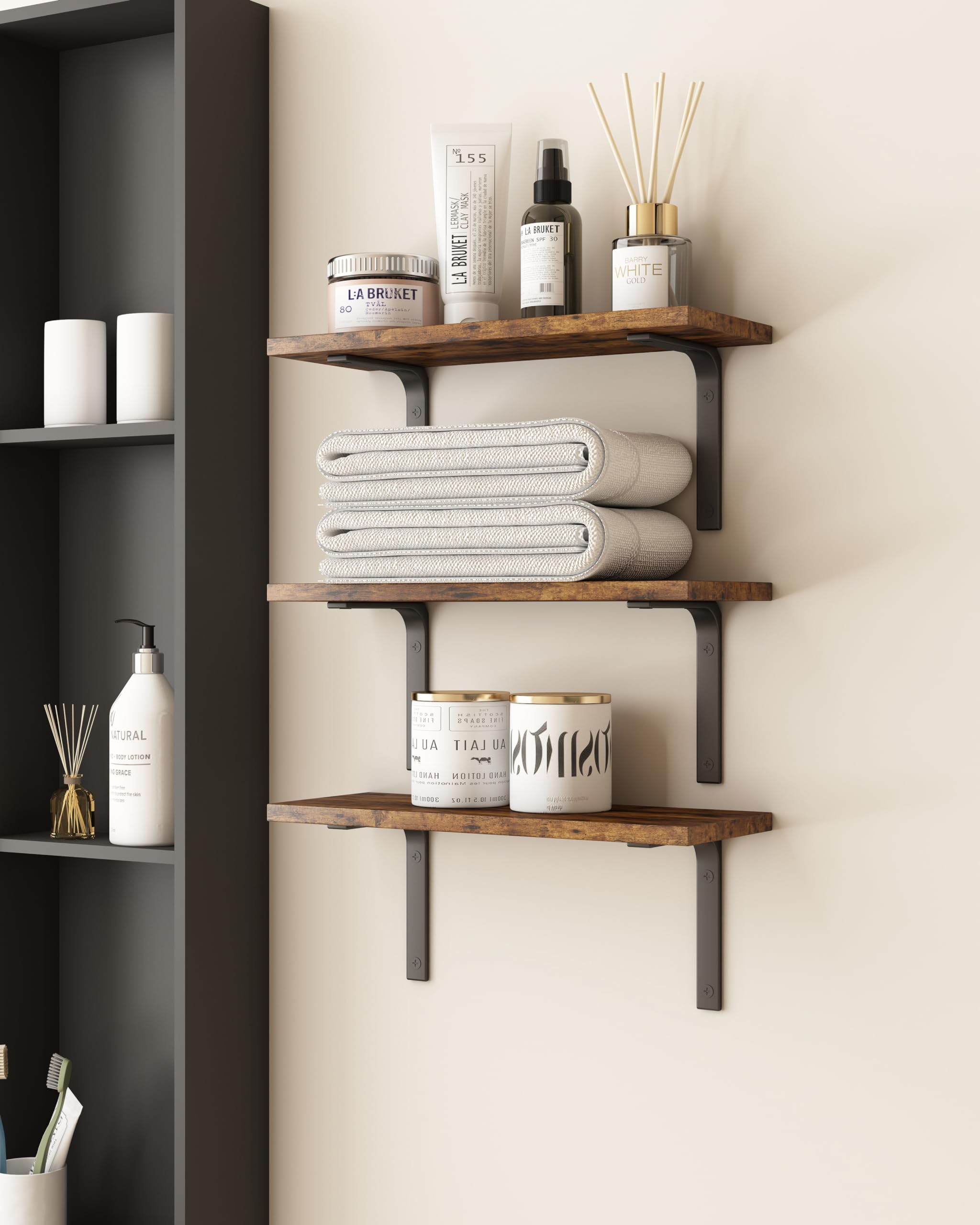 HOLISUN Floating Shelves, Set of 3, Wall Mounted, Wood, for Bathroom, Bedroom, Living Room, Kitchen, Small Storage Shelves (Brown)