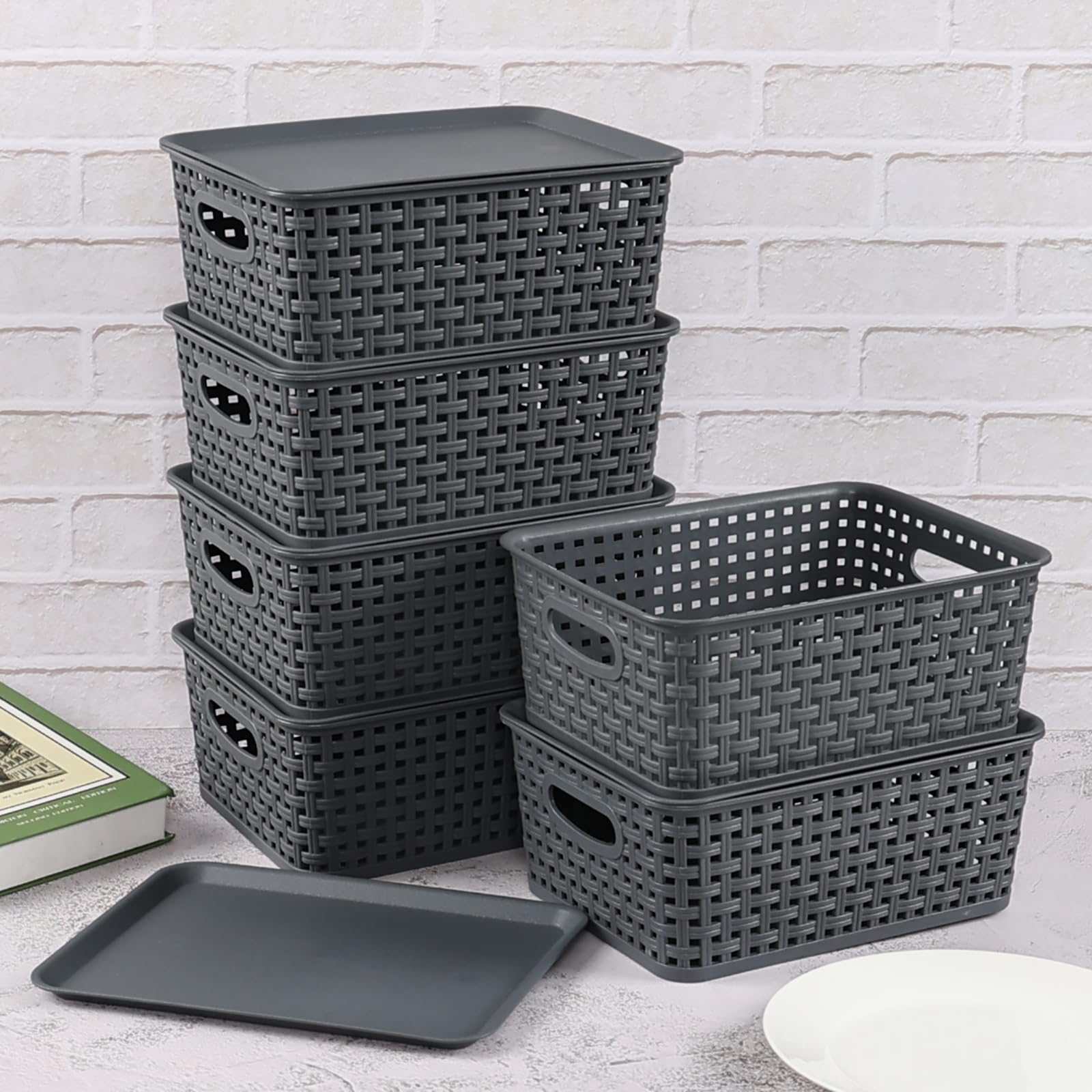 Doryh 6 Pack Plastic Storage Baskets with Lids, Small Organizer Basket for Shelves, Tabletops, Cupboards, Gray