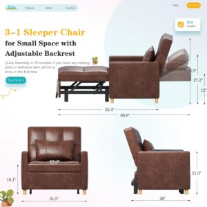 YODOLLA Sleeper Chair, 3 in 1 Chair Bed Sleeper for Adults, Fold Out Sofa Cama with Pillow and Convertible Backrest, Multi-Functional Reading Chair Couch Loveseat for Small Space, Saddle Brown