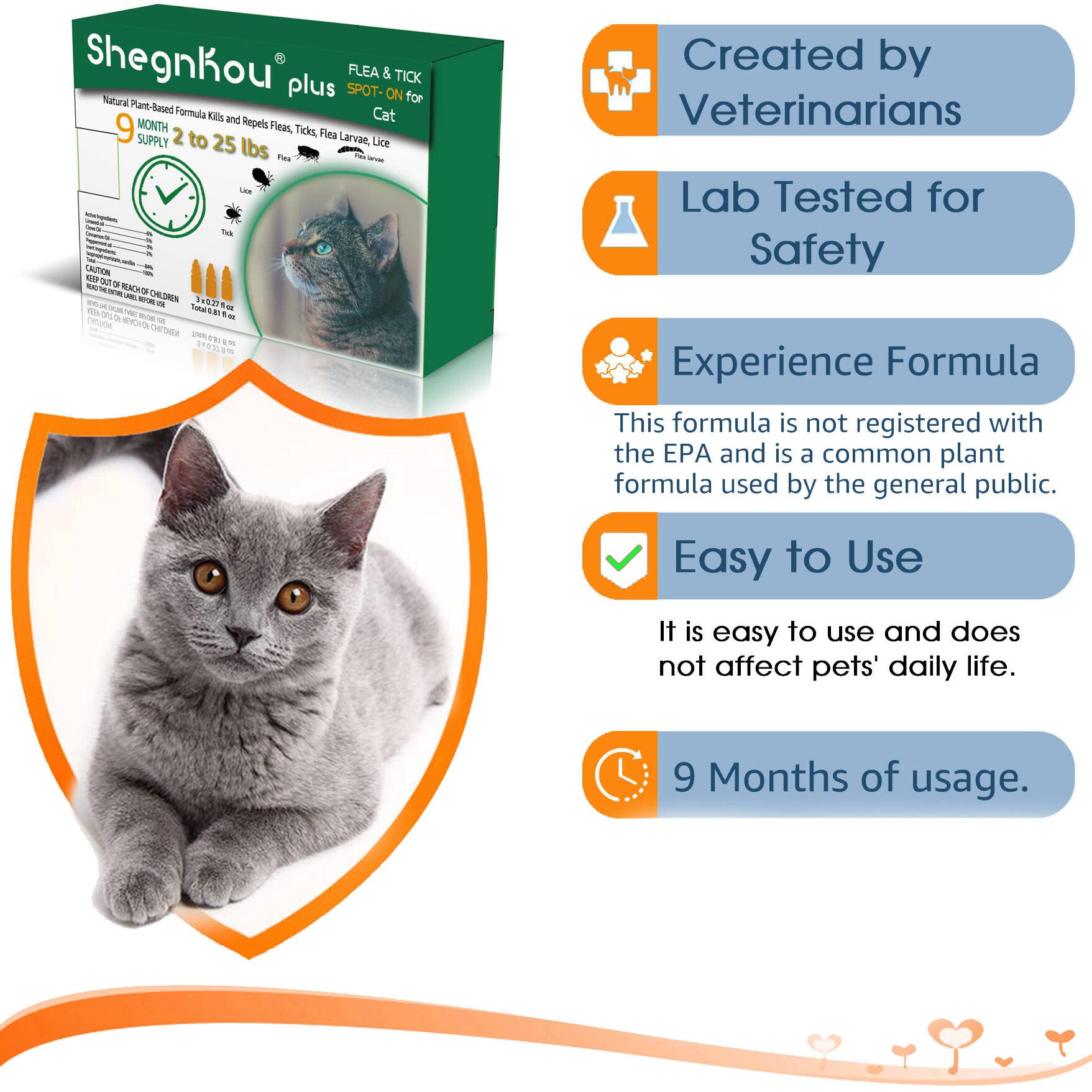 Protect Your Feline: Effective Flea and Tick Treatment for Cats, Natural Formula, 2-25 lbs, (9 Month Supply)