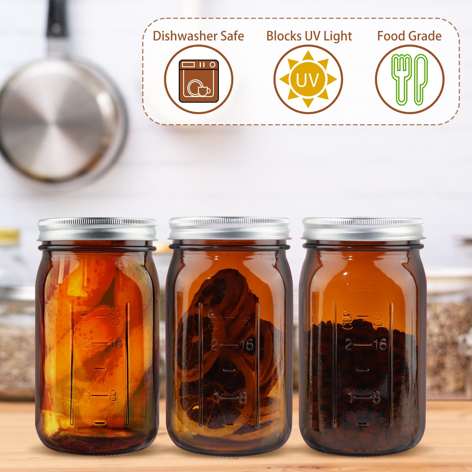 CARBLIN 6 Pack Mason Jars 32 oz, Amber Wide Mouth Canning Jars with Airtight Lids, Glass Pint Jars with Bands Labels Brush, Large Storage Quart Jars for Jam Fermenting Preserving