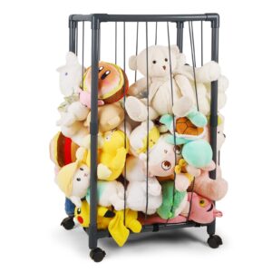 xmbecc stuffed animal storage zoo stuffed animal holder space save vertical stuffed animals storage pvc with elastic band and net for playroom birthday gift (small-gray)