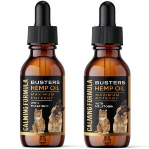 busters 2pack calming pet hemp oil for dogs, cats, infused with melatonin for dogs, sleep support, pain relief, natural anxiety relief, ideal omega ratio, adrenal support (calming formula 2-pack)