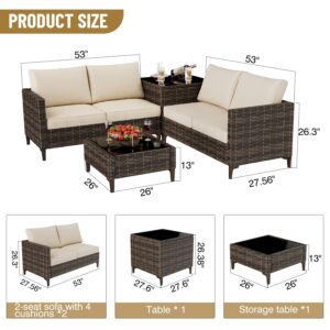 Outdoor PE Wicker Furniture Set 4 Piece Patio Black Rattan Sectional Loveseat Couch Set Conversation Sofa with Storage Box Glass Top Table and Non-Slip Beige Cushion