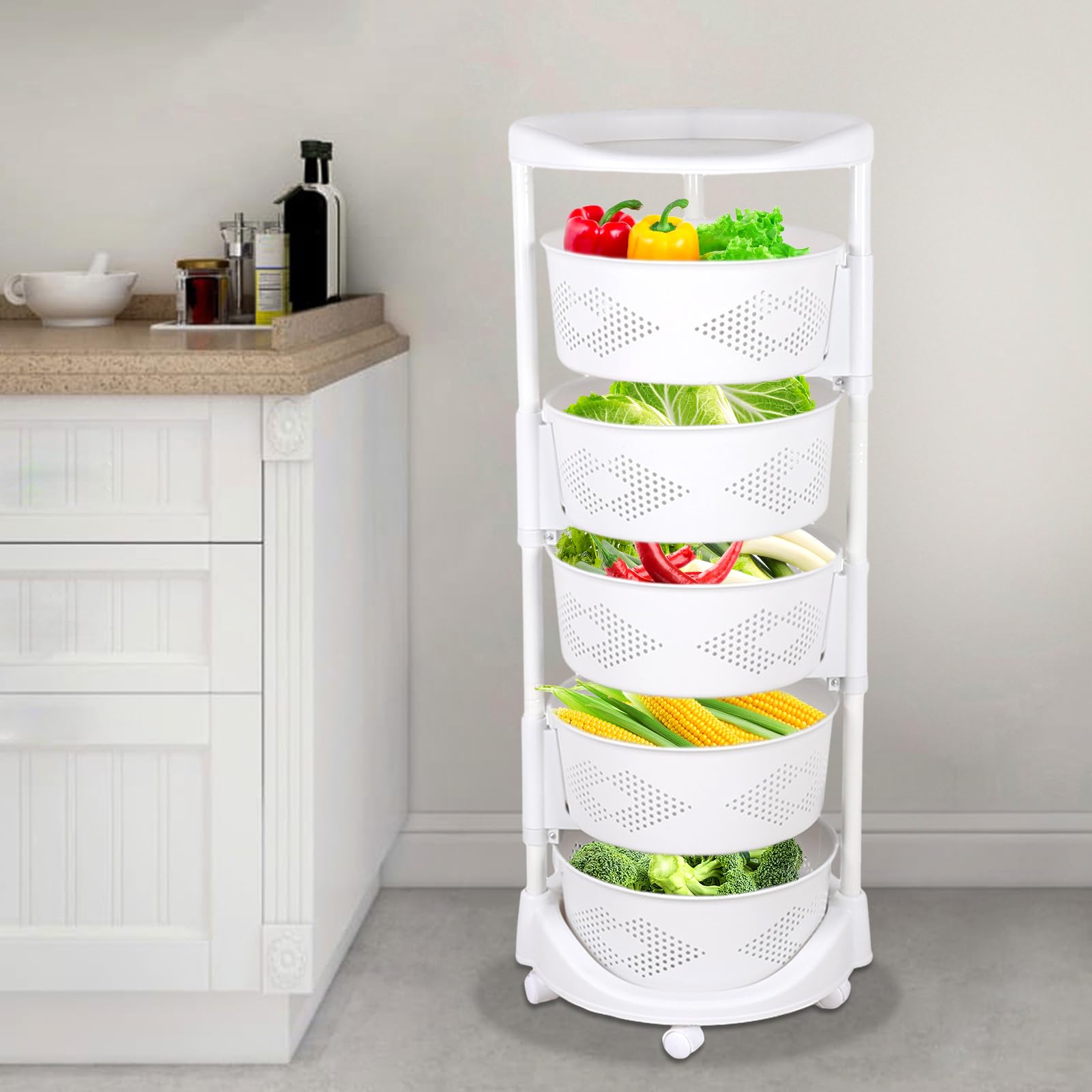 Round Rotating Storage Shelf 5-Tier Kitchen Rack Organizer Household Floor-Standing Vegetables Basket Rack with Lockable Casters for Kitchen, Living Room, White