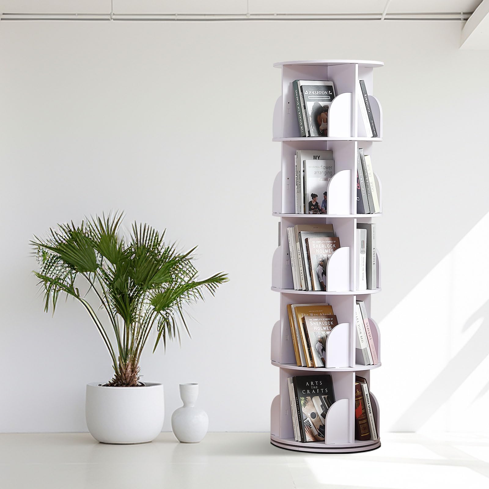 Rotating Bookshelf Tower, 360 Display Spinning Bookshelf, PVC Narrow Book Shelf Organizer, Corner Floor Standing Bookcase for Bedroom, Living Room, Study Room, Small Space (5 Tier)