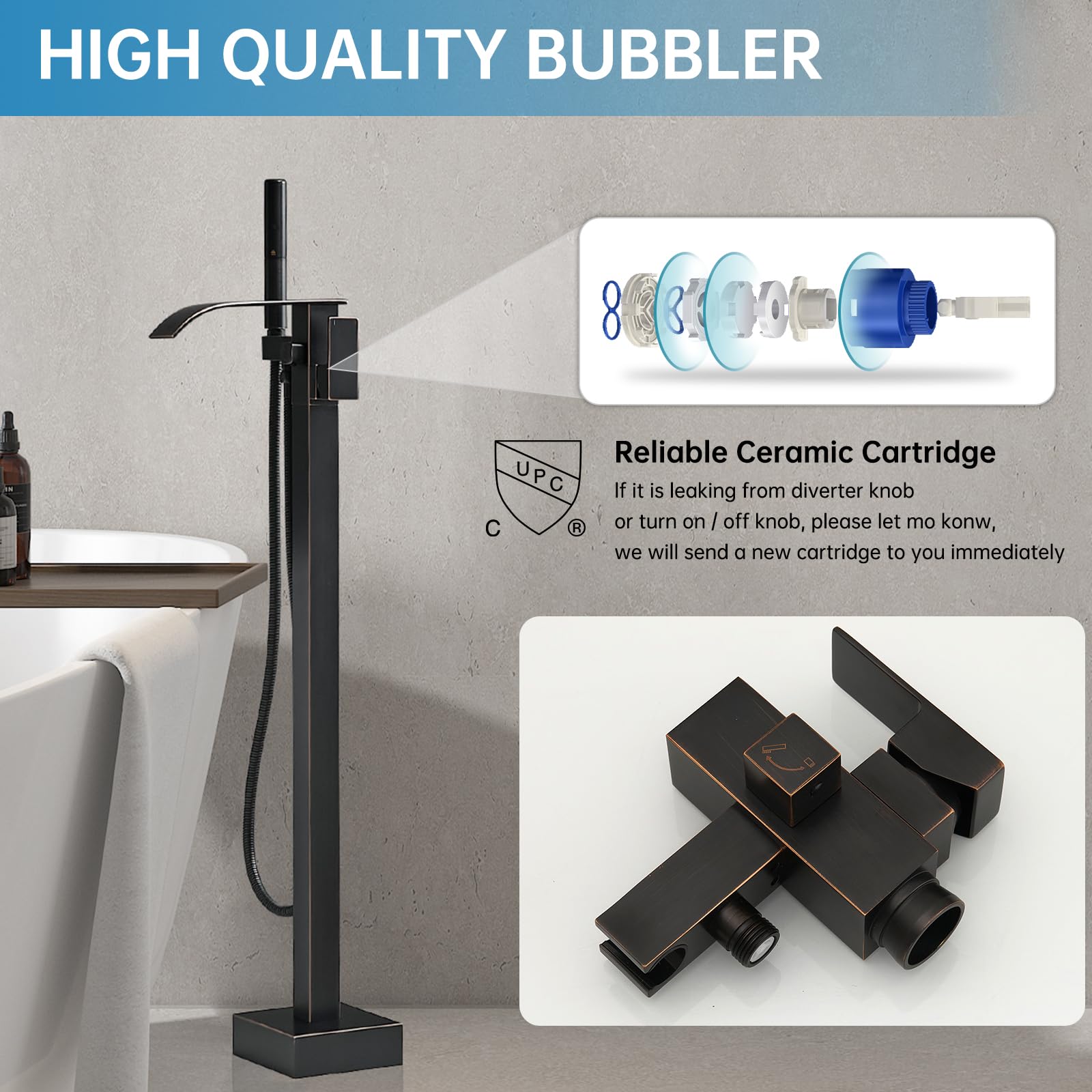 RUMOSE Tub Filler Freestanding Bathtub Faucet Oil Rubbed Bronze Floor Mount Tub Faucet Waterfall Bathtub Filler with CUPC Certified High Flow Brass Bath Shower Faucets with Handheld Sprayer