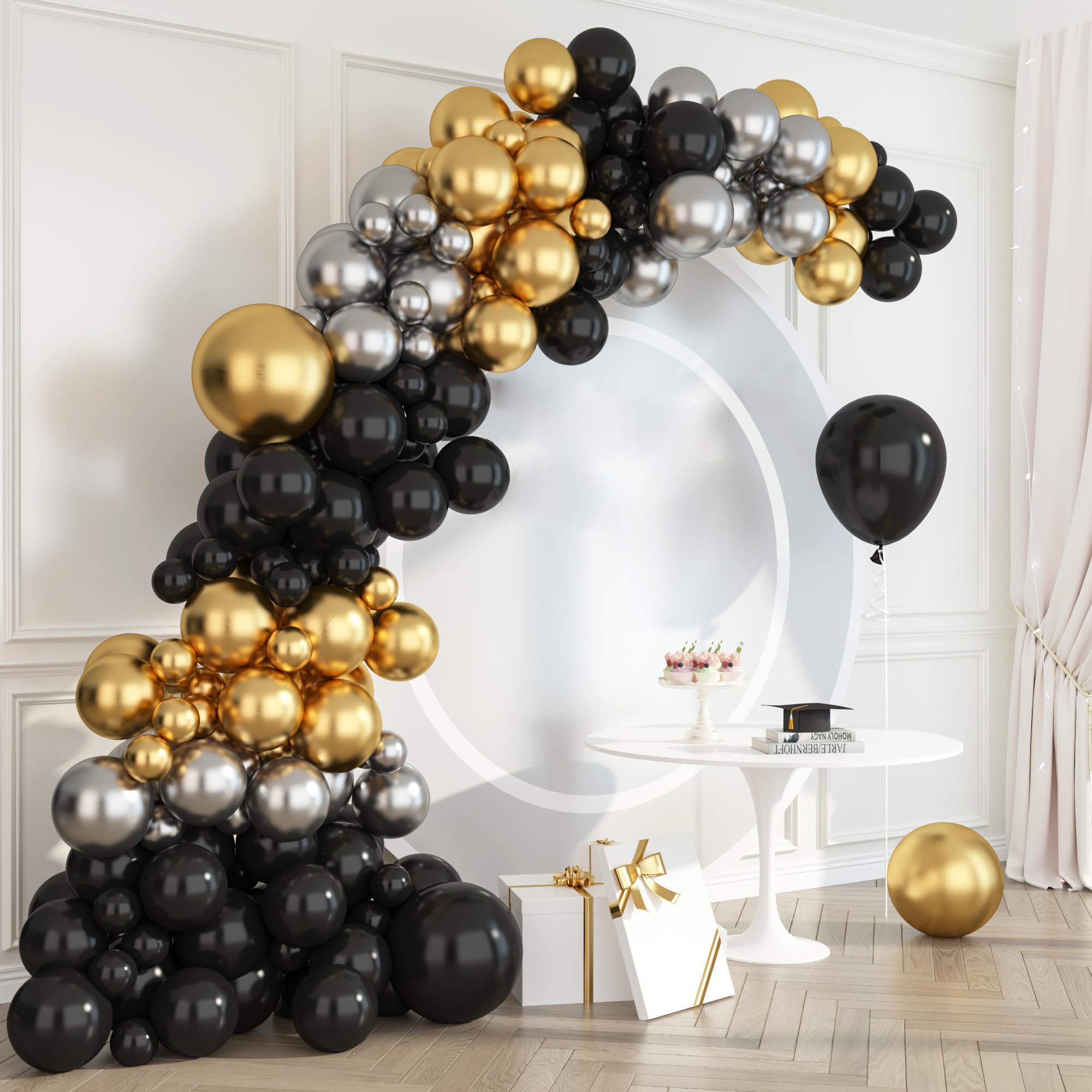 HOUSE OF PARTY Black and Gold balloon Arch Kit - 124 Pcs |5/10/12/18 Inch Graduation Balloons 2024 | Black and Gold Balloon Garland for Halloween, Baby shower, Anniversary & Party Decorations