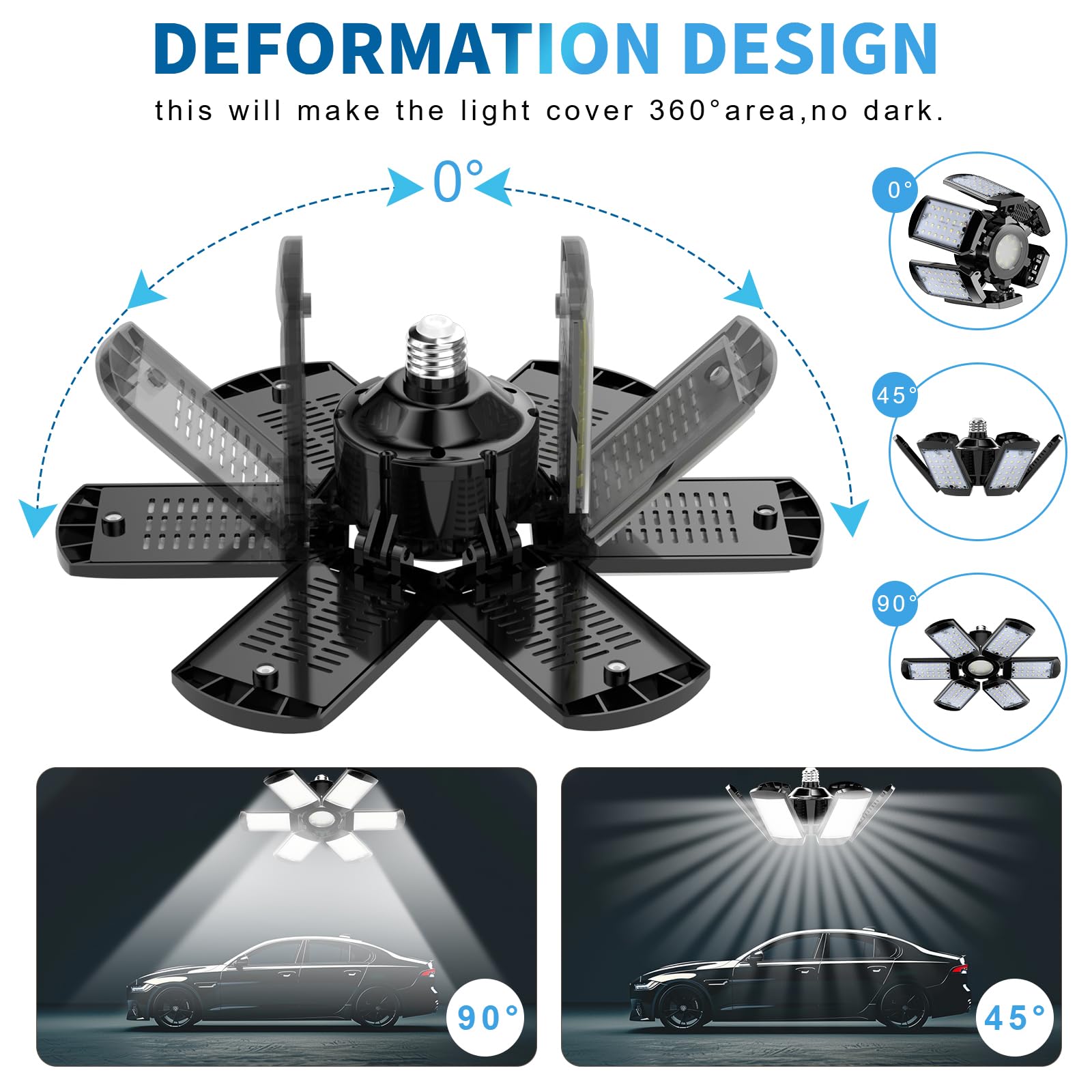 Doeklpo 2 Pack LED Garage Lights,150W LED Shop Light,15000LM LED Garage Ceiling Lights,Garage LED Lighting with 6+1 Deformable Panels,E26/E27 Garage Lights Ceiling LED for Warehouse Garage,Workshop