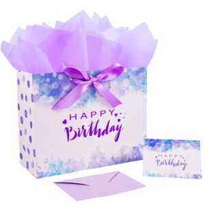 jaywayang 12.6" large purple happy birthday gift bag with ribbons, card and tissue papers for girl women birthday party.