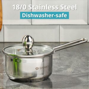 Daniks Mini 0.8 Quart Stainless Steel Saucepan with Glass Lid | Induction Small Sauce Pot | Dishwasher Safe Pot | Pot for Boiling, Milk, Spaghetti, Soup for 1 Person | Silver