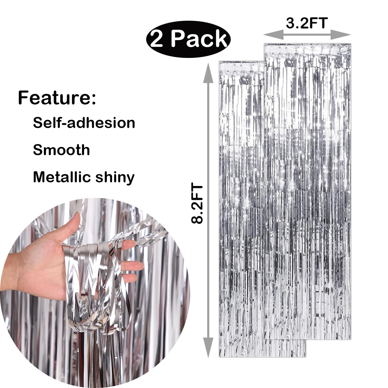 BBPOOL Silver Backdrop for Birthday 2 Pack 3.2ft x 8.2ft Silver Tinsel Streamers Foil Fringe Curtains for Bachelorette Party Decoration Baby Shower Birthday Party Decor