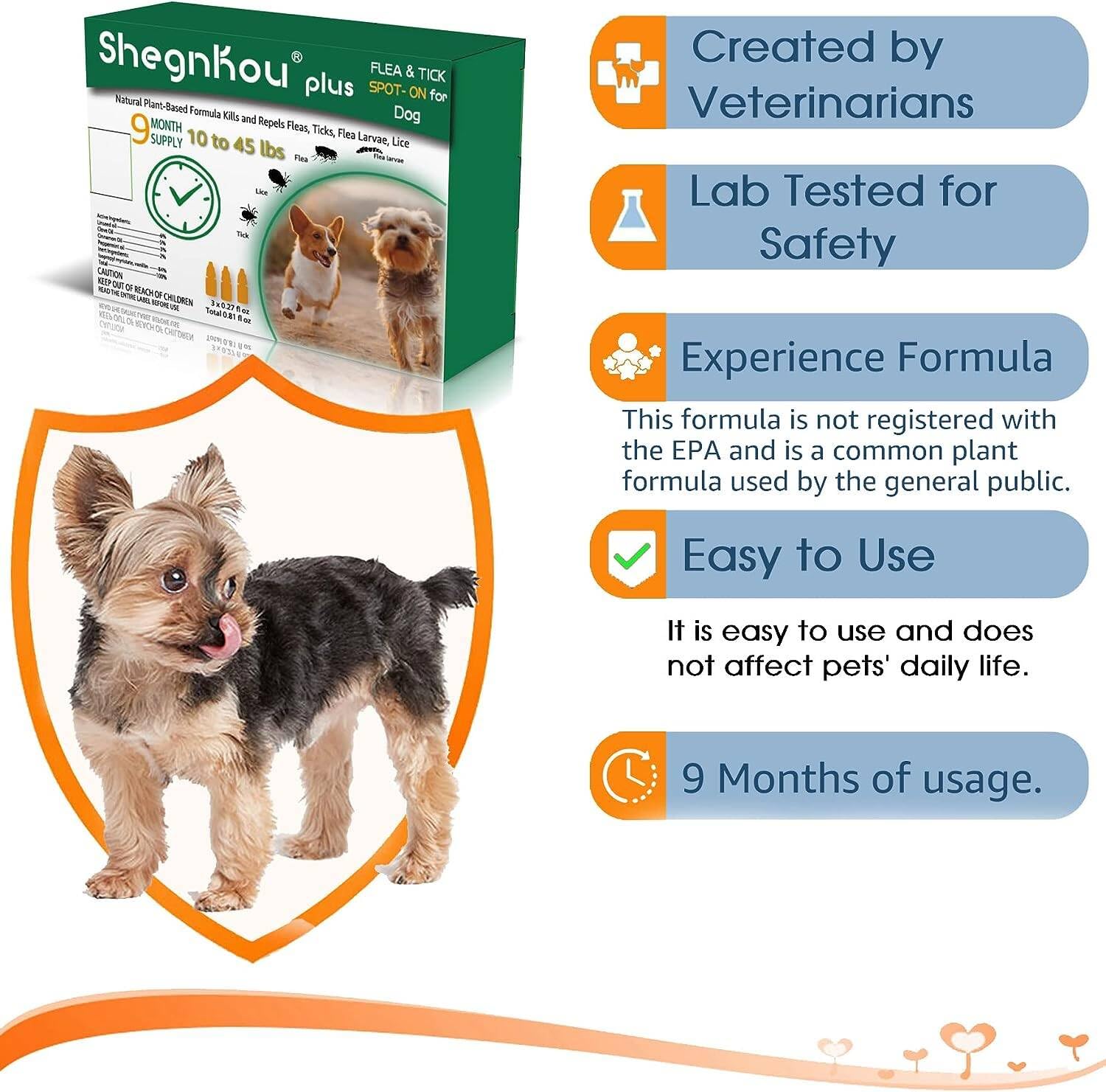 Safe and Effective: Dog Flea and Tick Prevention Repellent, Plus Spot-On with Plant Formula, for Small-Medium Dogs 4-44 lbs, (8.5 Month Supply)