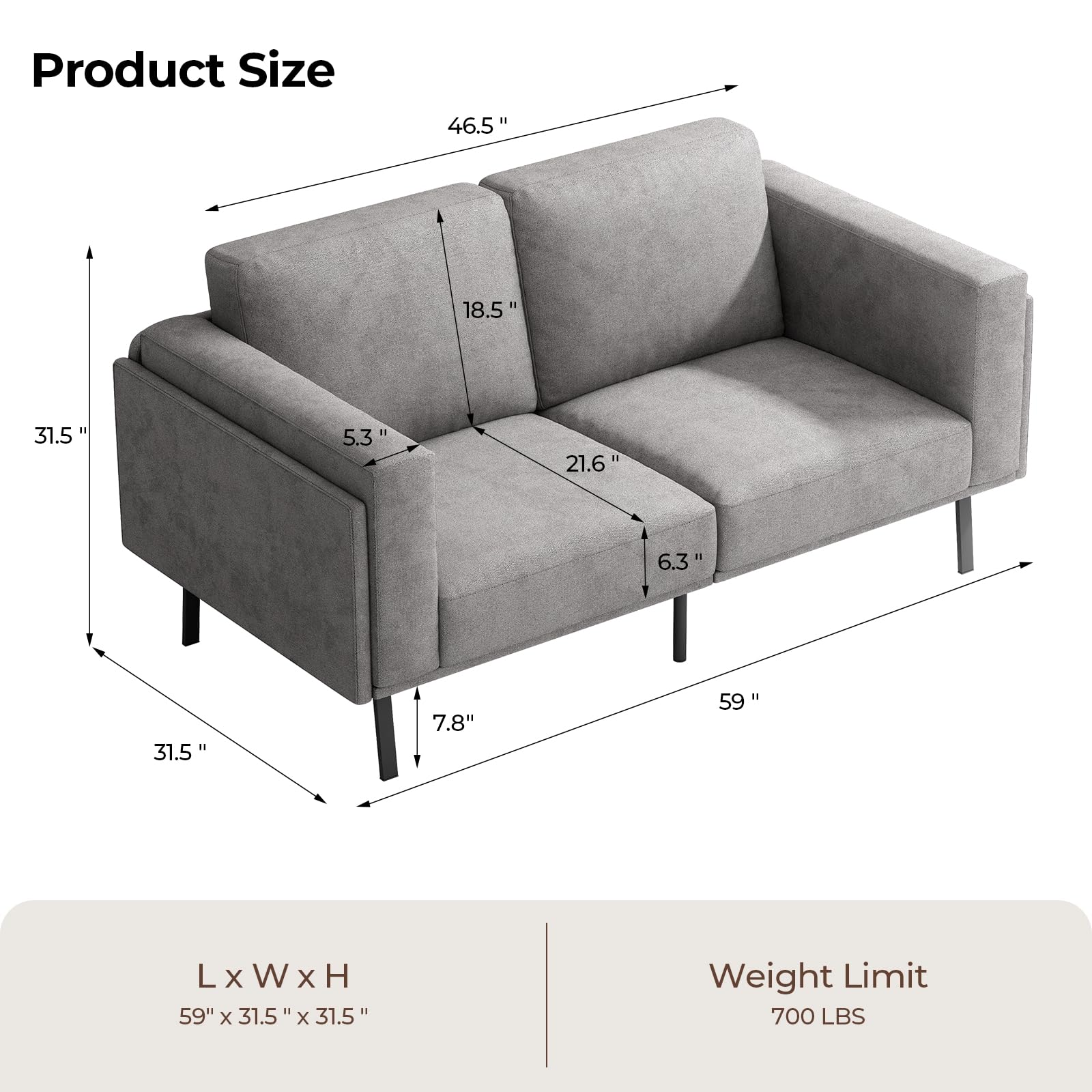 COPIAE 59” Small Couches for Living Room, High Resilience Loveseat Sofa, Wooden Frame 2 Seat Sofa Couch with Thickened Suppleness Armrests& Linen Fabric Cover, Modern Deep Seat Sofa for Bedroom Office