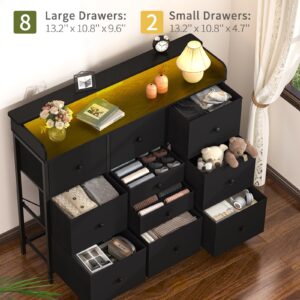 Yoobure Dresser for Bedroom with Charging Station and LED Lights, Tall Dresser TV Stand with 10 Storage Drawers,Fabric Black Dressers & Chests of Drawers,Wood Dresser for Bedroom Closet Organizer