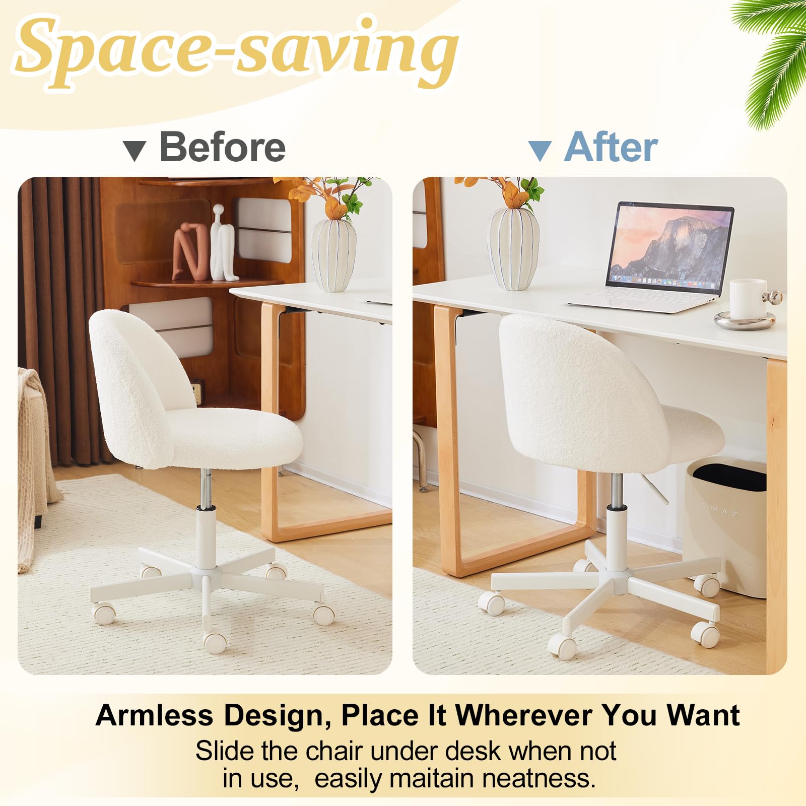 VINGLI Candy Chair Armless Cute Desk Chair,Comfy Small Office Chair with Wheels,Vanity Chair with Lumbar Support,Teddy Adjustable Rolling Swivel Computer Task Chair for Home Office,Bedroom,White