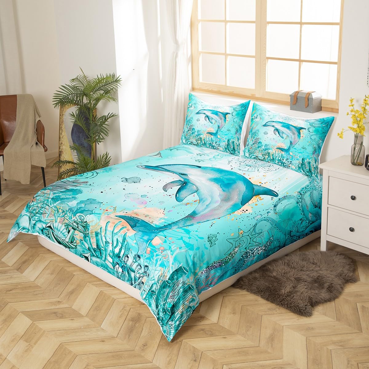 Feelyou Dolphins Duvet Cover Queen, Ocean Comforter Cover Sea Dolphins Bedding Set for Kids Boys Girls Ocean Coastal Bedspread Cover Zipper(No Comforter)