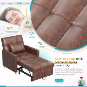 YODOLLA Sleeper Chair, 3 in 1 Chair Bed Sleeper for Adults, Fold Out Sofa Cama with Pillow and Convertible Backrest, Multi-Functional Reading Chair Couch Loveseat for Small Space, Saddle Brown