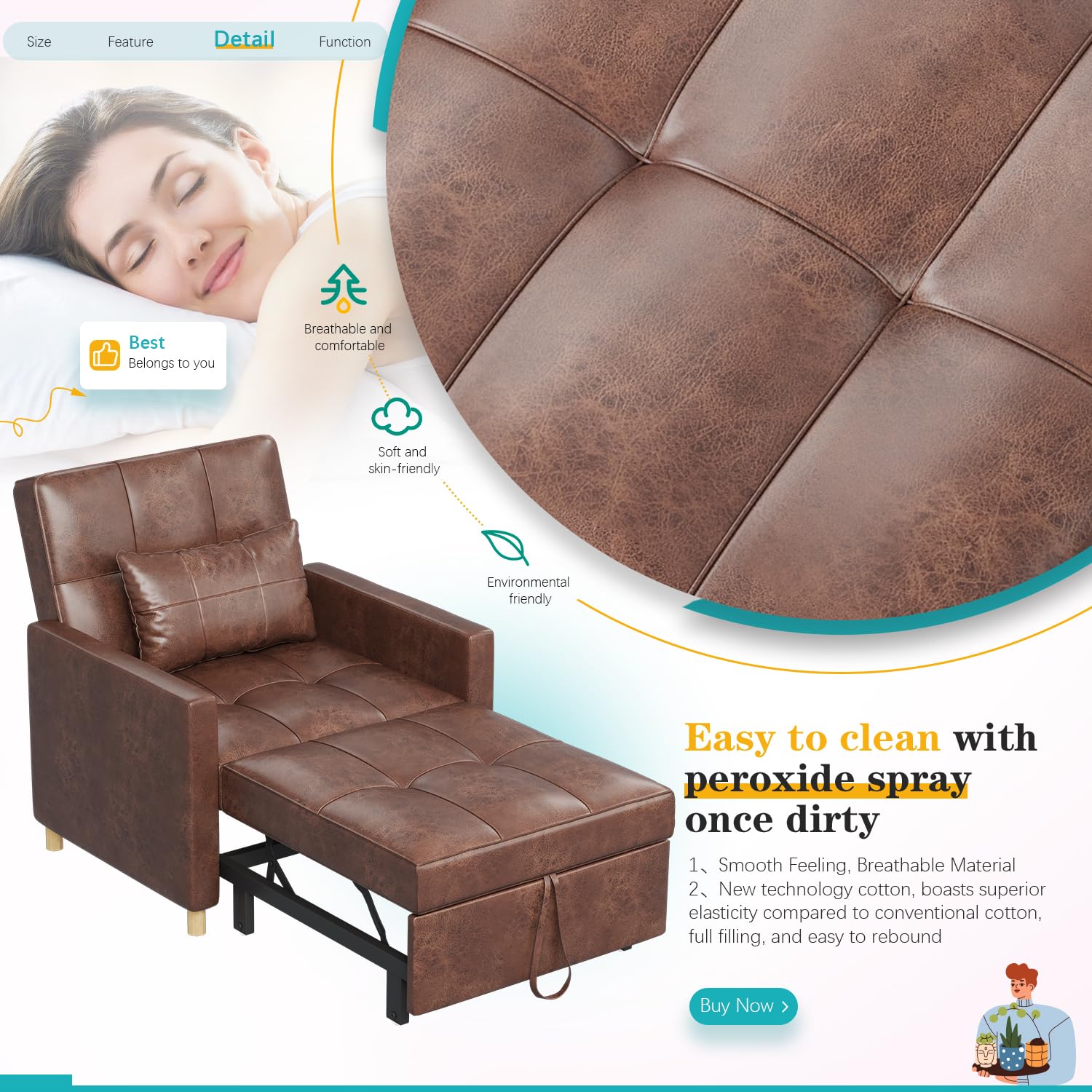 YODOLLA Sleeper Chair, 3 in 1 Chair Bed Sleeper for Adults, Fold Out Sofa Cama with Pillow and Convertible Backrest, Multi-Functional Reading Chair Couch Loveseat for Small Space, Saddle Brown