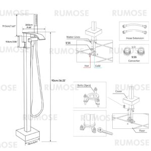 RUMOSE Tub Filler Freestanding Bathtub Faucet Oil Rubbed Bronze Floor Mount Tub Faucet Waterfall Bathtub Filler with CUPC Certified High Flow Brass Bath Shower Faucets with Handheld Sprayer