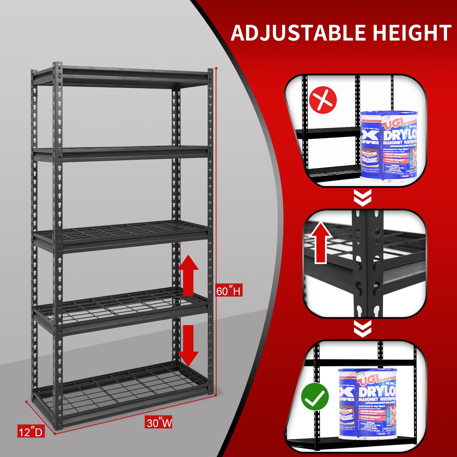 Shuntong The Atlas 30" W x 12" D x 60" H Adjustable Garage Storage Shelves Load 2500 lbs, 5 Tier Heavy Duty Shelving Unit, Metal Utility Storage Rack for Warehouse Pantry Basement Kitchen, Black