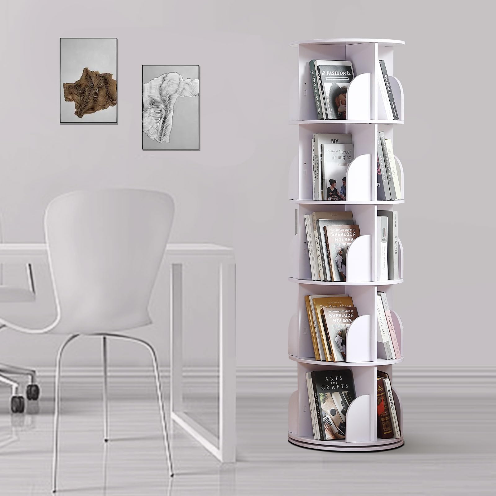 Rotating Bookshelf Tower, 360 Display Spinning Bookshelf, PVC Narrow Book Shelf Organizer, Corner Floor Standing Bookcase for Bedroom, Living Room, Study Room, Small Space (5 Tier)