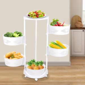 Round Rotating Storage Shelf 5-Tier Kitchen Rack Organizer Household Floor-Standing Vegetables Basket Rack with Lockable Casters for Kitchen, Living Room, White