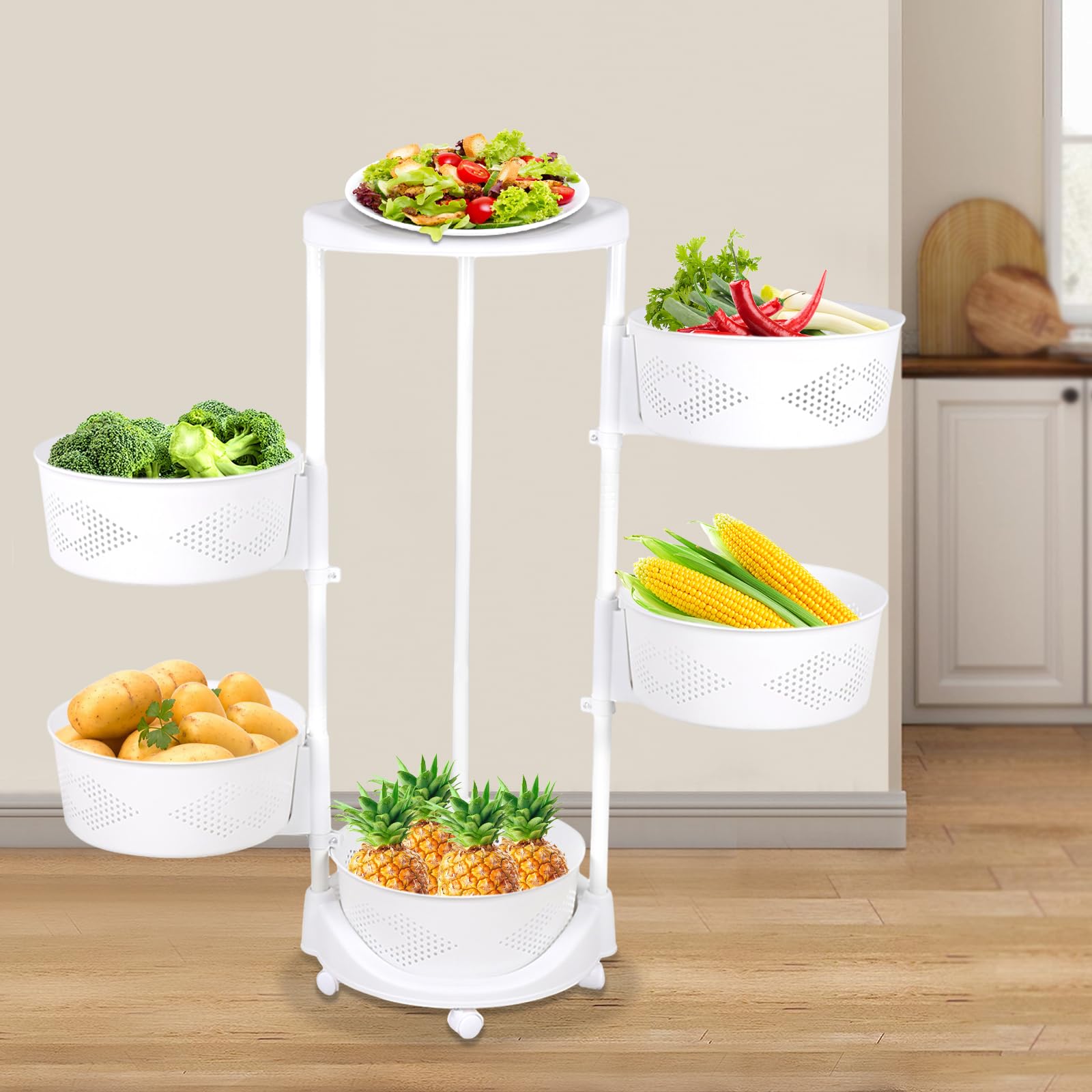 Round Rotating Storage Shelf 5-Tier Kitchen Rack Organizer Household Floor-Standing Vegetables Basket Rack with Lockable Casters for Kitchen, Living Room, White