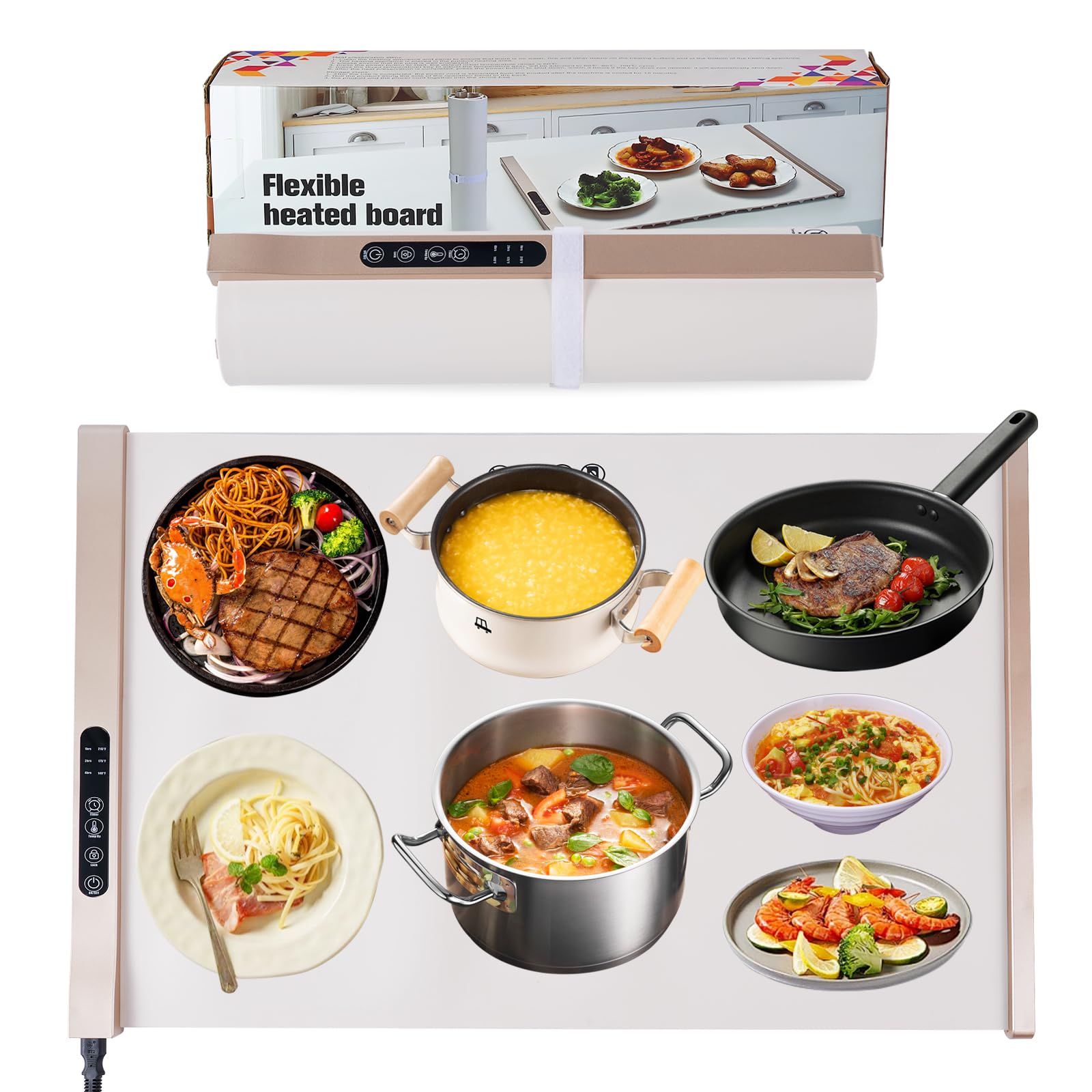 Electric Warming Tray Portable Silicone Food Warmer Heater Mat，Keep Plates Warm for Buffets Party,Travel Roll Up Fast Heating Pad,Large Surface Area Foldable Adjustable Temperature Control (L)