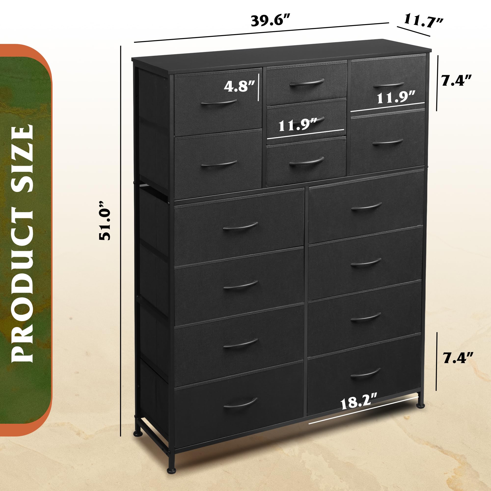 WLIVE Tall Black Dresser for Bedroom Furniture, Fabric Dressers Storage Tower with 15 Deep Drawers, Dresser for Closet, Hallway, Entryway, Office, Storage Tower with Cabinet, Metal Frame, Wooden Top