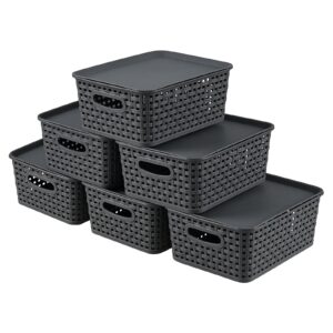 doryh 6 pack plastic storage baskets with lids, small organizer basket for shelves, tabletops, cupboards, gray