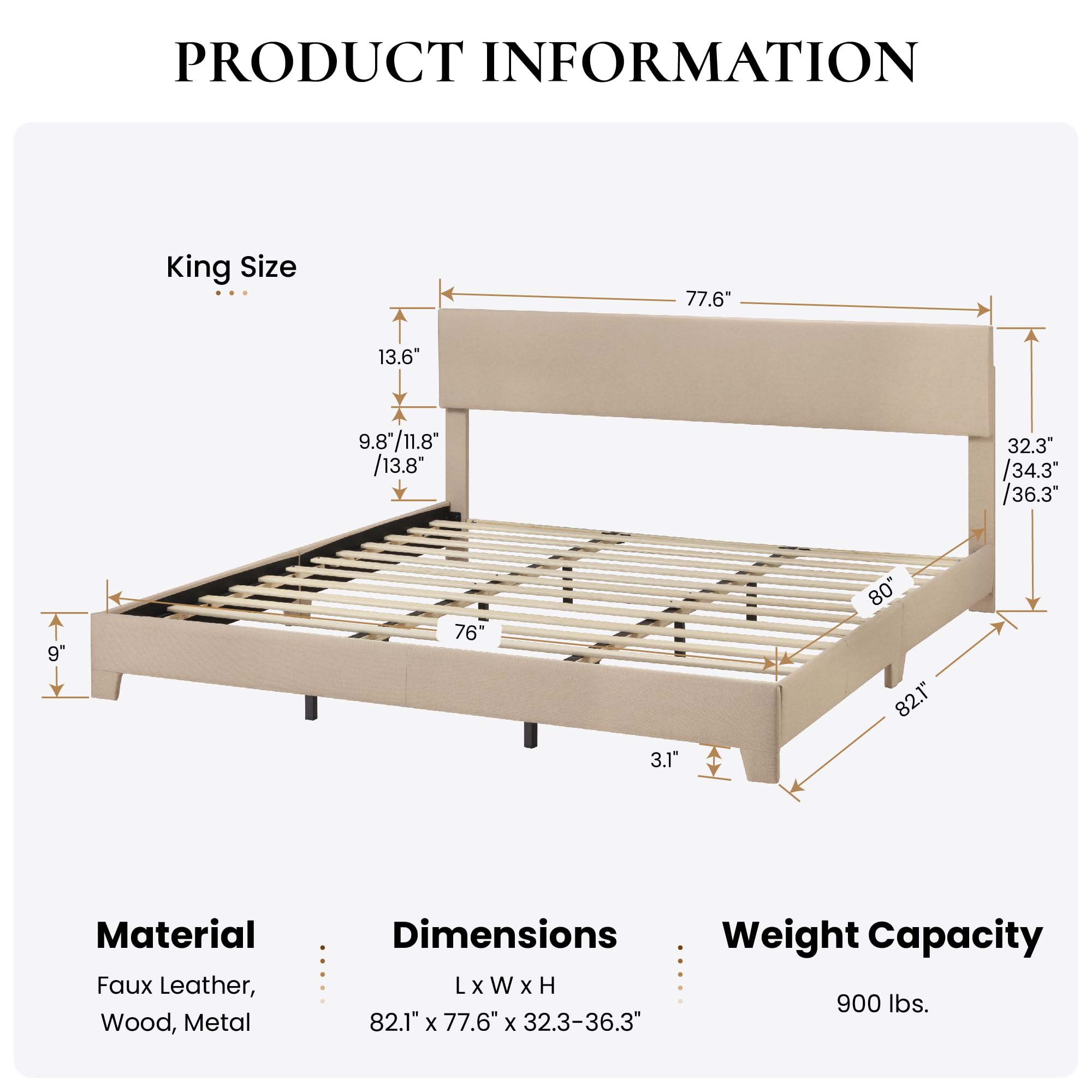 SHA CERLIN Upholstered King Size Bed Frame with Adjustable Headboard, Stable Mattress Foundation, Strong Back-Support, No Box Spring Needed, Beige