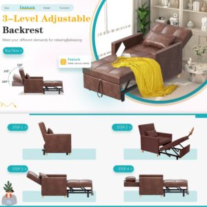 YODOLLA Sleeper Chair, 3 in 1 Chair Bed Sleeper for Adults, Fold Out Sofa Cama with Pillow and Convertible Backrest, Multi-Functional Reading Chair Couch Loveseat for Small Space, Saddle Brown