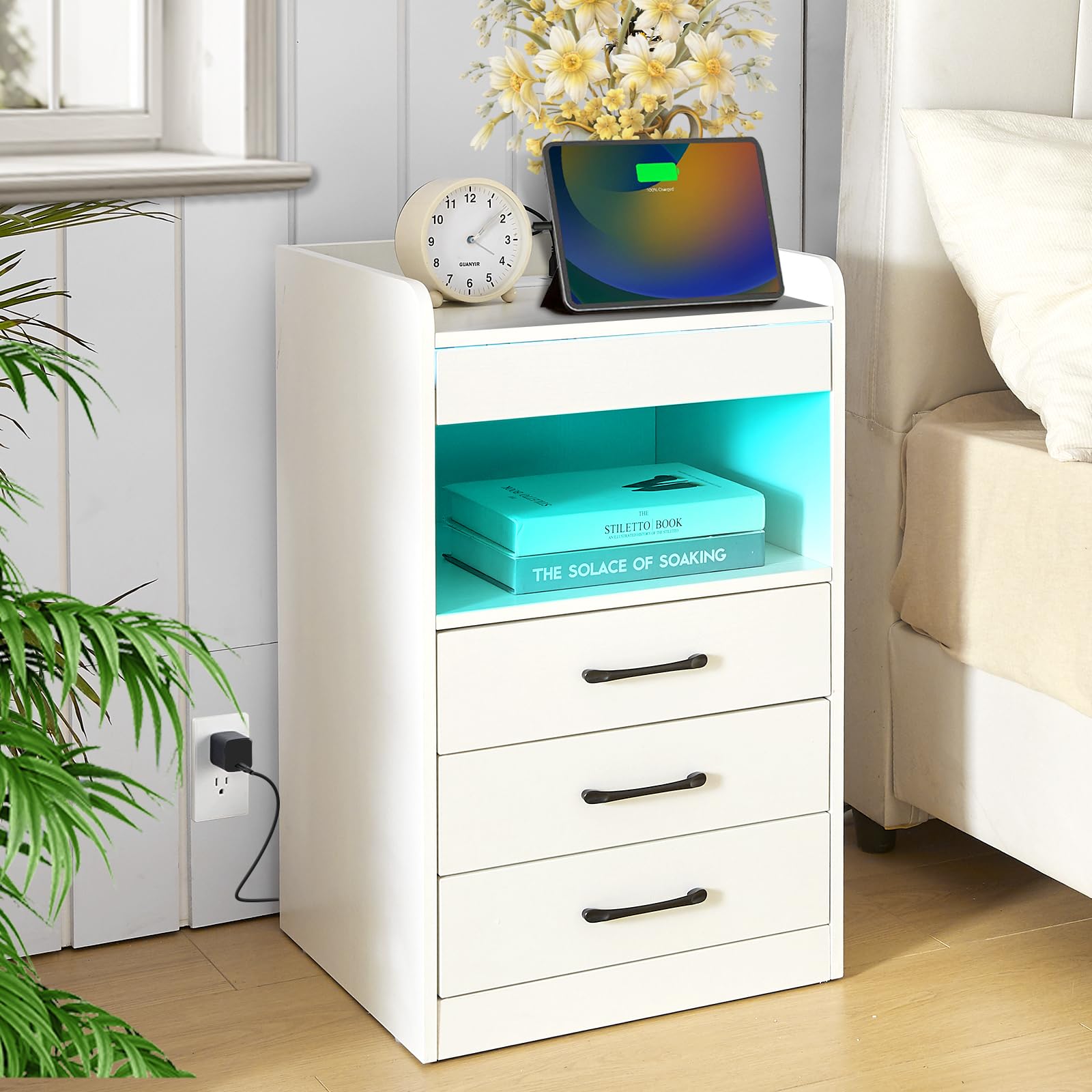 LED Nightstand with Charging Station,Bedside Table with 4 Drawers Smart Night Stand Bedroom End Tables Bed Side Table, Modern Wood White Nightstand