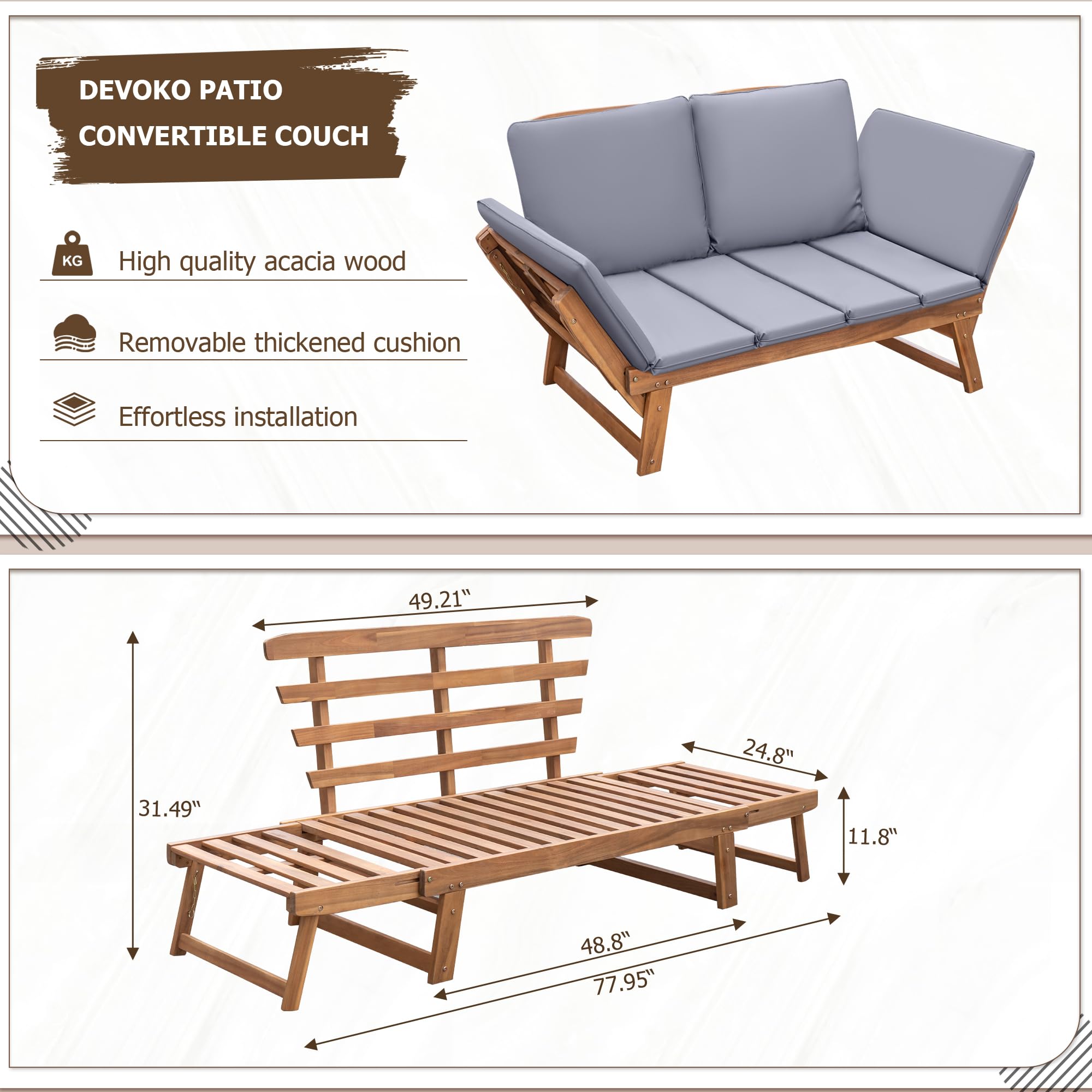 Devoko Outdoor Couch Acacia Wood Patio Couch with Adjustable Armrests,Outdoor Convertible Sofa with Removable Cushions&Pillows for Patio, Porch, Poolside(Grey)