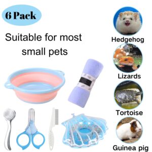 6 Pcs Hedgehog Bath Supplies Kit, Foldable Bathtub and Cleaning Brush with Pet Hair Comb, Pet Nail Clipper, Swimming Ring, Towel for Small Animal Hamster, Bunny, Guinea Pig, Lizards, Turtle