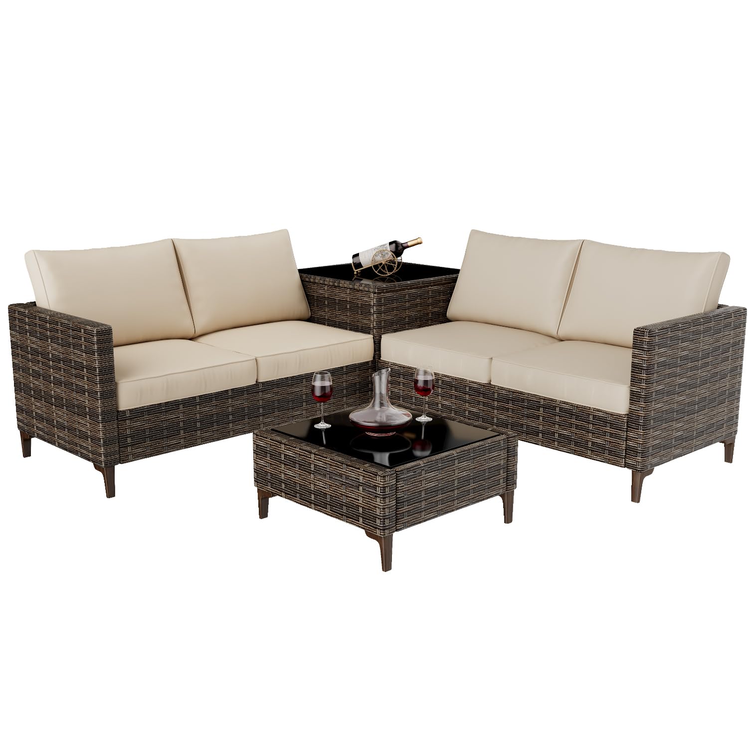 Outdoor PE Wicker Furniture Set 4 Piece Patio Black Rattan Sectional Loveseat Couch Set Conversation Sofa with Storage Box Glass Top Table and Non-Slip Beige Cushion