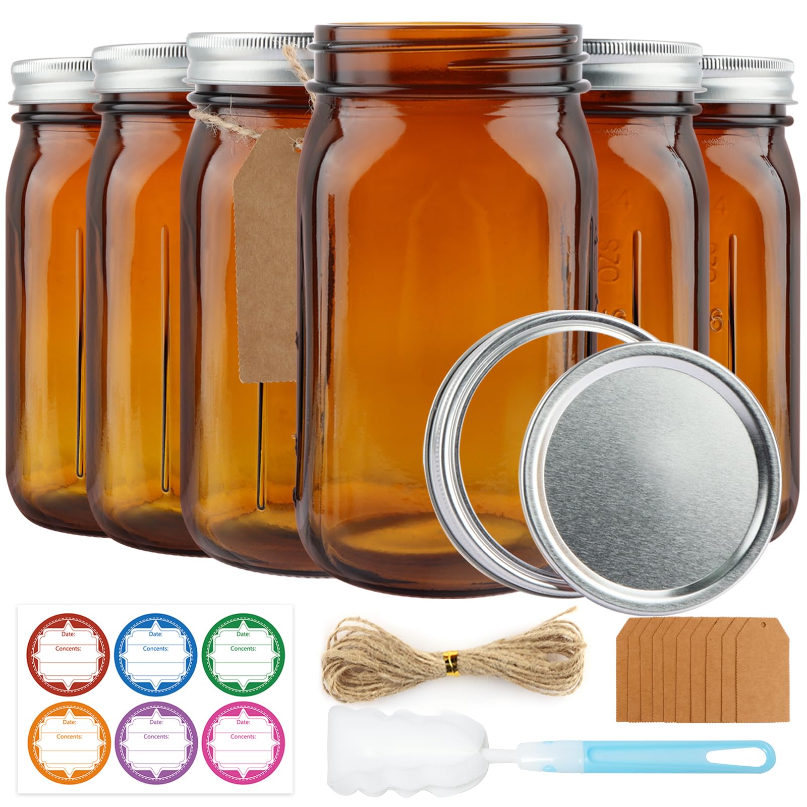 CARBLIN 6 Pack Mason Jars 32 oz, Amber Wide Mouth Canning Jars with Airtight Lids, Glass Pint Jars with Bands Labels Brush, Large Storage Quart Jars for Jam Fermenting Preserving