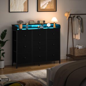 Yoobure Dresser for Bedroom with Charging Station and LED Lights, Tall Dresser TV Stand with 10 Storage Drawers,Fabric Black Dressers & Chests of Drawers,Wood Dresser for Bedroom Closet Organizer