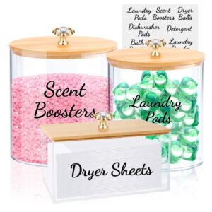 jyps 3 pack containers for laundry room organization and storage with lids and labels, acrylic dryer sheet holder & plastic laundry pods container for laundry detergent, powder, scent booster