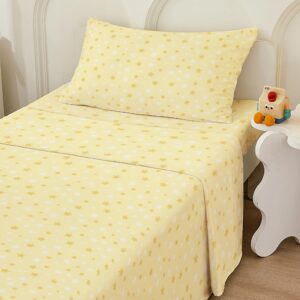 Bedmoon Boys Girls Twin Sheets, Kids Yellow Star Bed Sheet Set with Non-Slip Fitted Sheet, Boys Girls Star Soft Microfiber Twin Sheets & Pillowcases